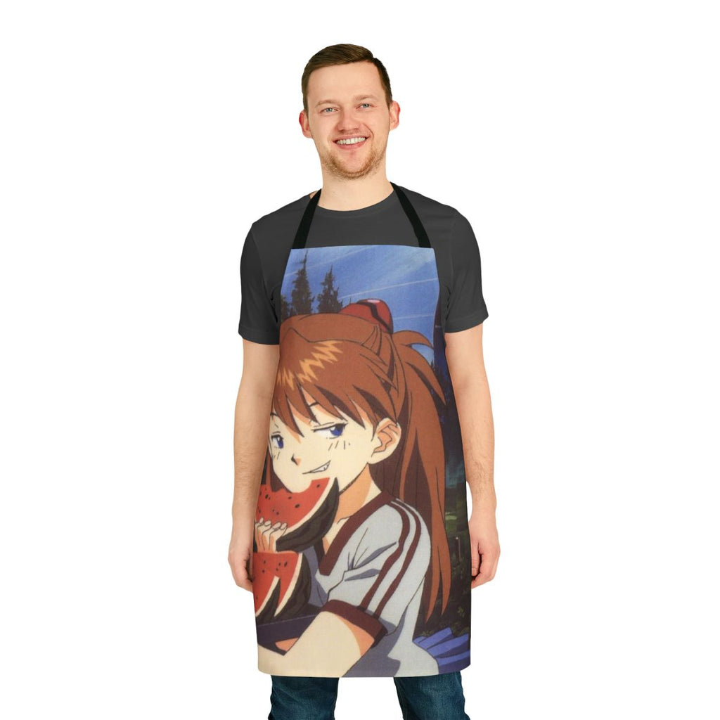 Smug anime character design on a high-quality apron