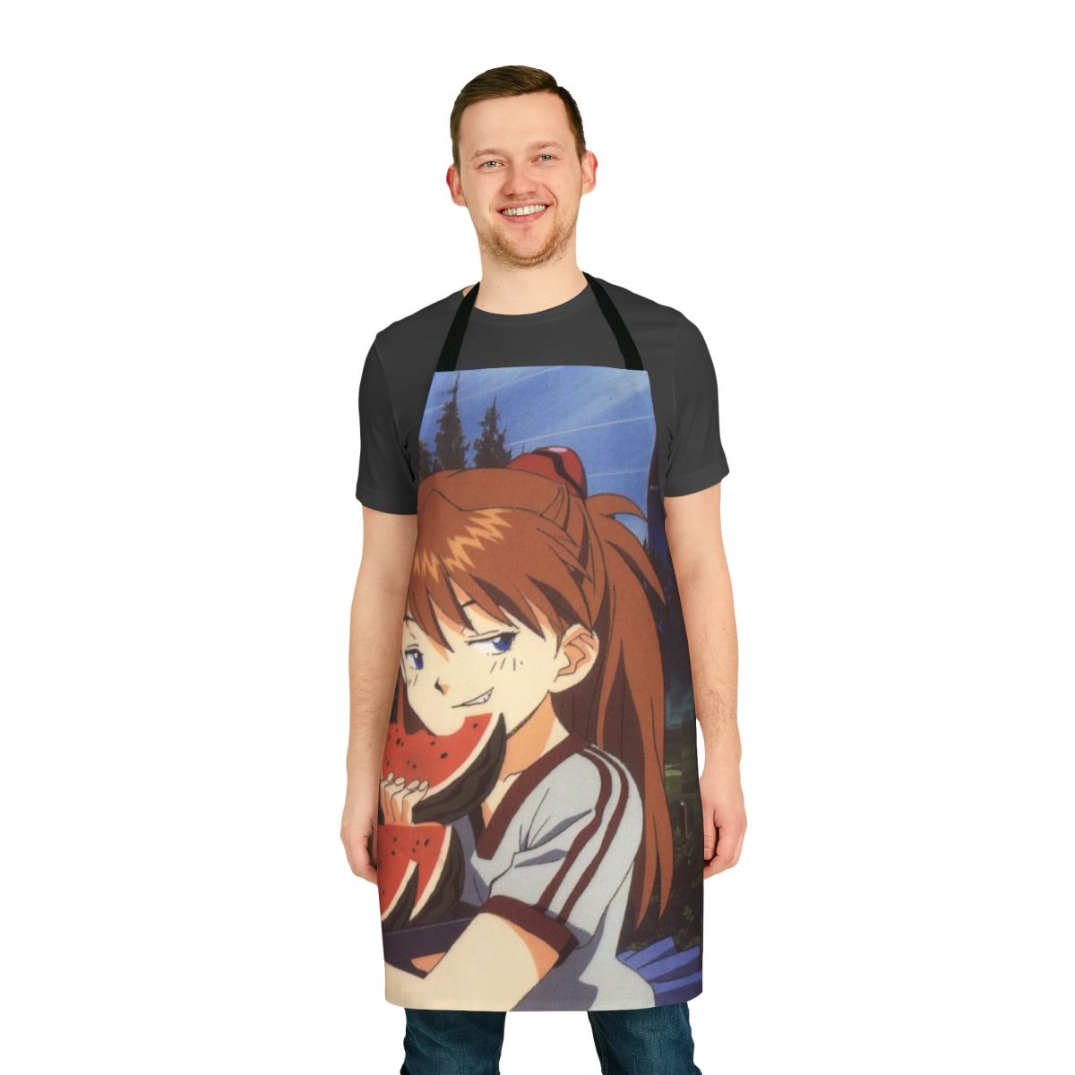 Smug anime character design on a high-quality apron