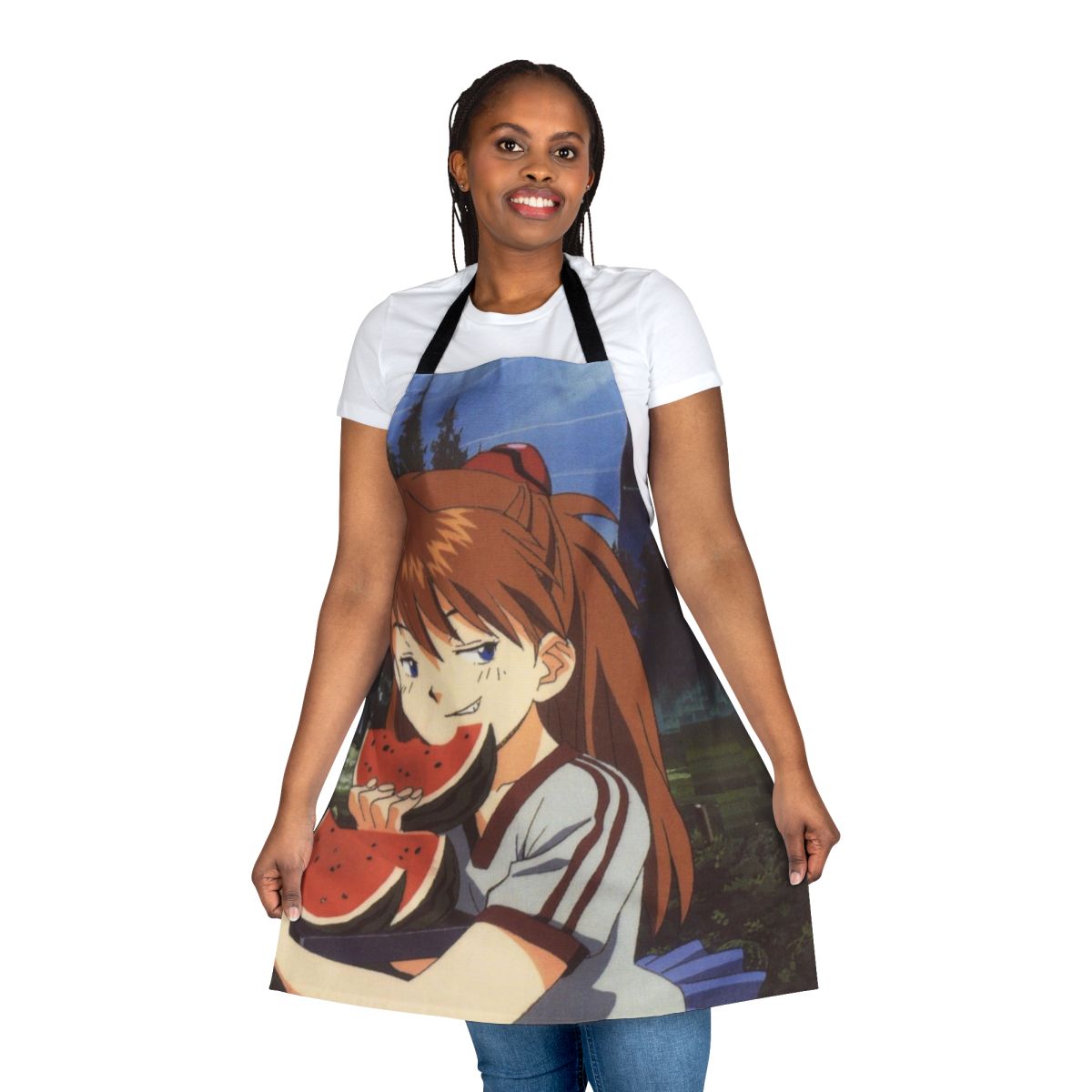 Smug anime character design on a high-quality apron