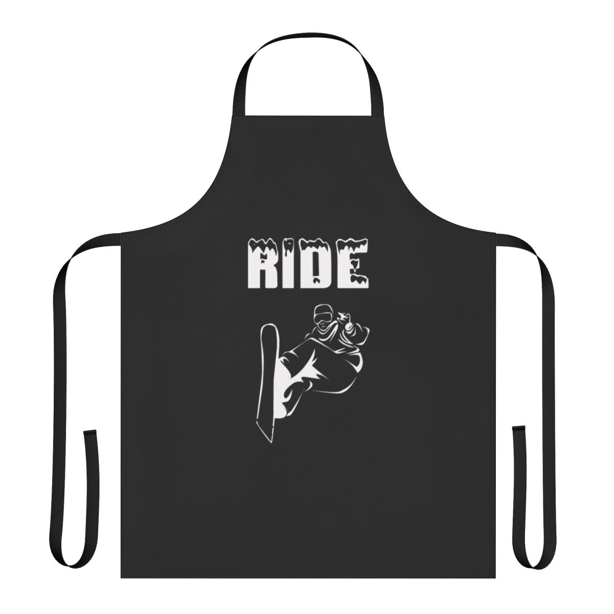 A person wearing a snowboarding-themed apron while cooking or crafting in a winter setting.