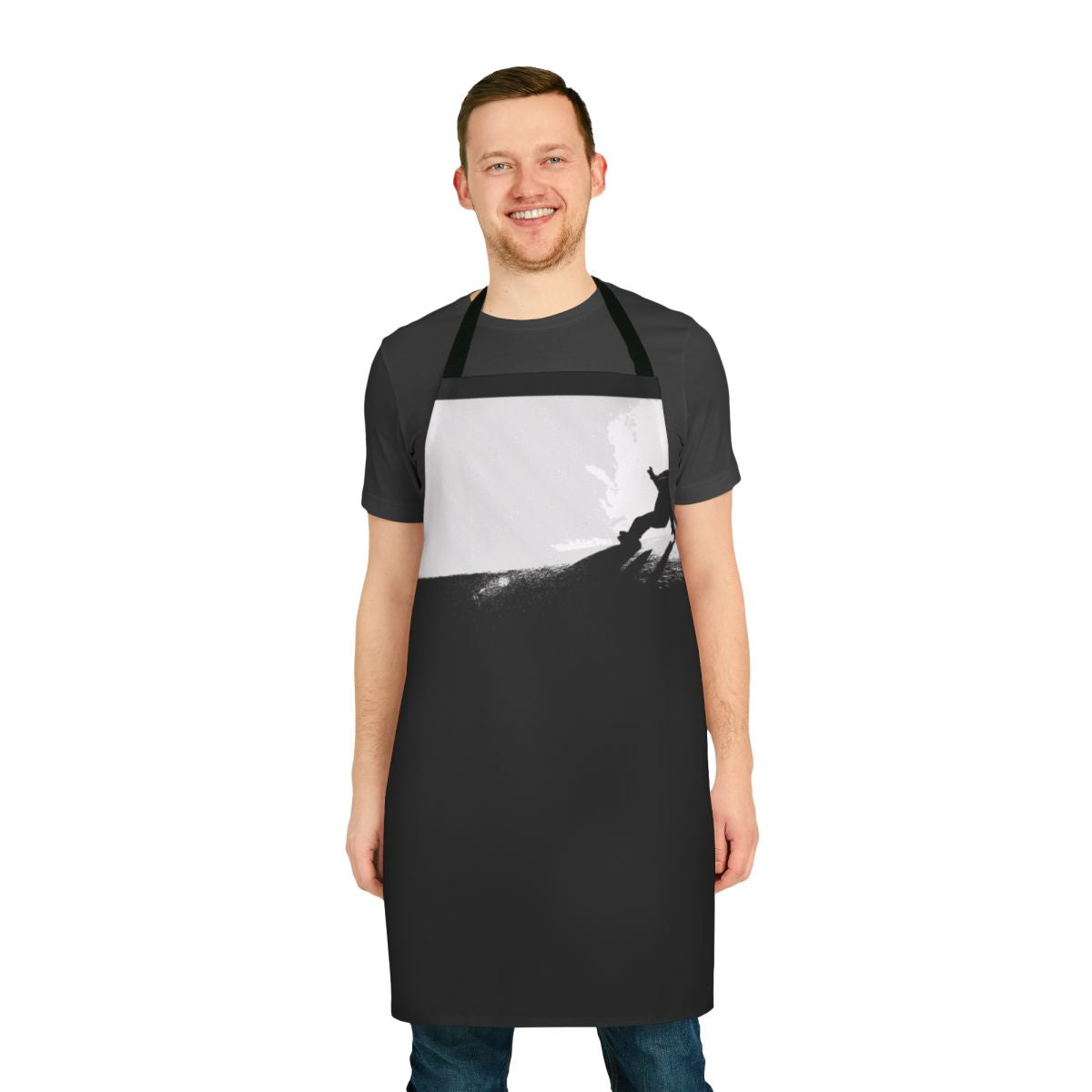 Snowboarding-themed downhill apron with mountain and snow designs