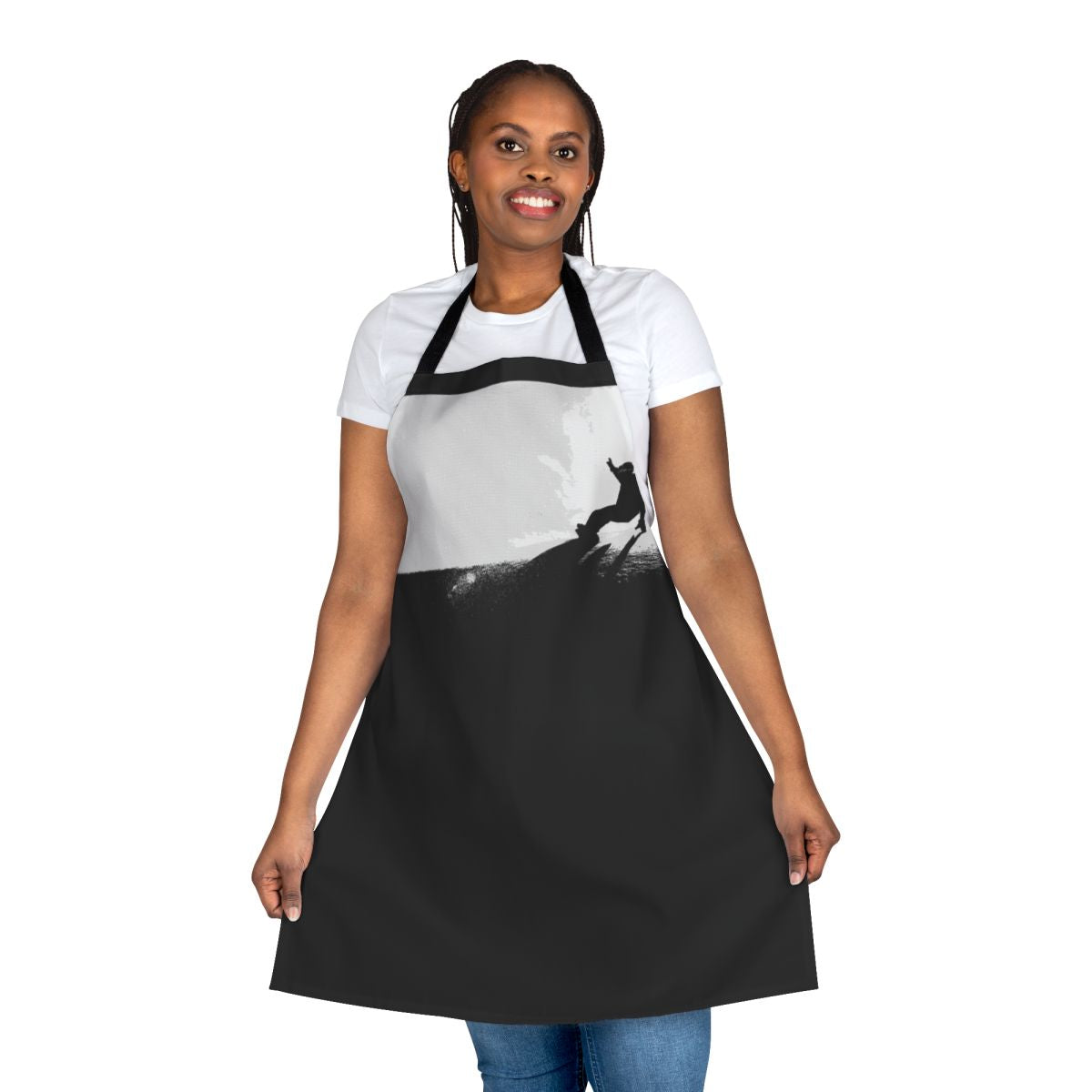 Snowboarding-themed downhill apron with mountain and snow designs