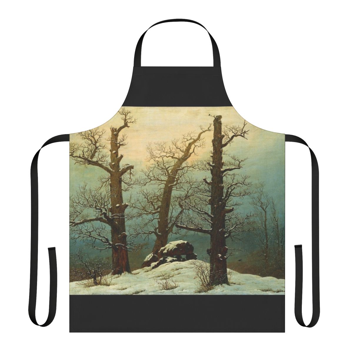 Cozy apron featuring a snowy winter landscape inspired by the artwork of Caspar David Friedrich