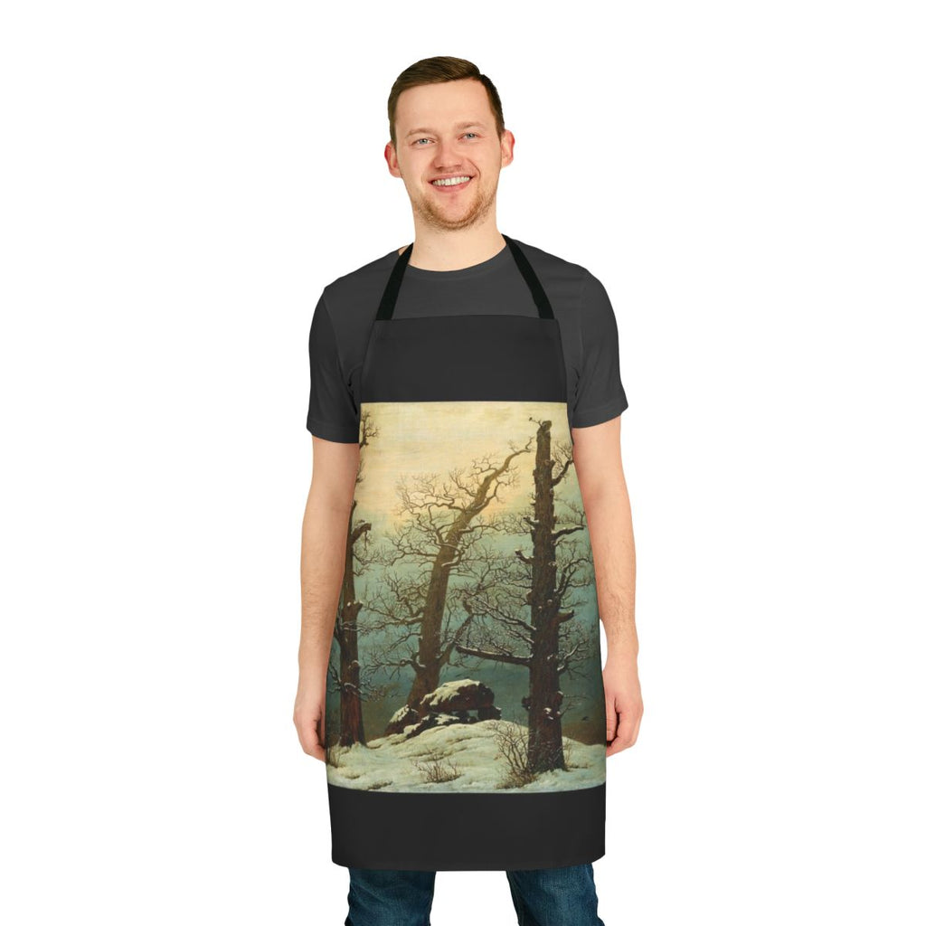 Cozy apron featuring a snowy winter landscape inspired by the artwork of Caspar David Friedrich