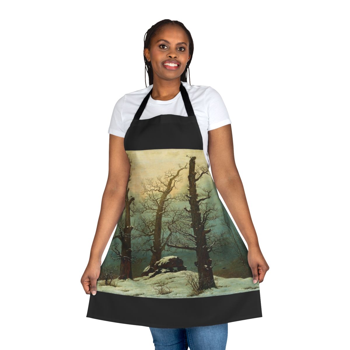 Cozy apron featuring a snowy winter landscape inspired by the artwork of Caspar David Friedrich