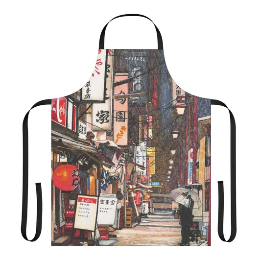 Apron featuring a snowy urban nightscape with Japanese-inspired lights and lanterns