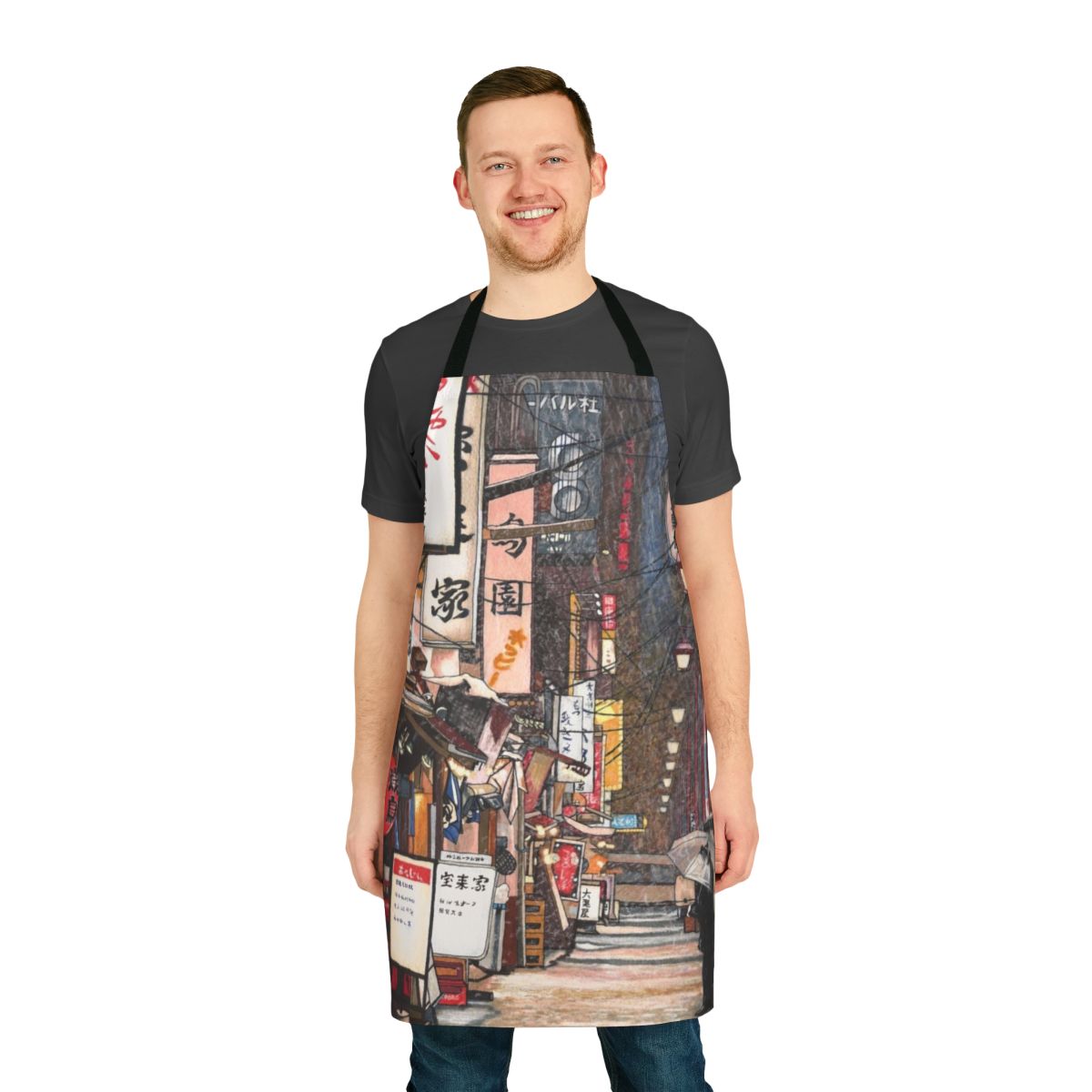 Apron featuring a snowy urban nightscape with Japanese-inspired lights and lanterns