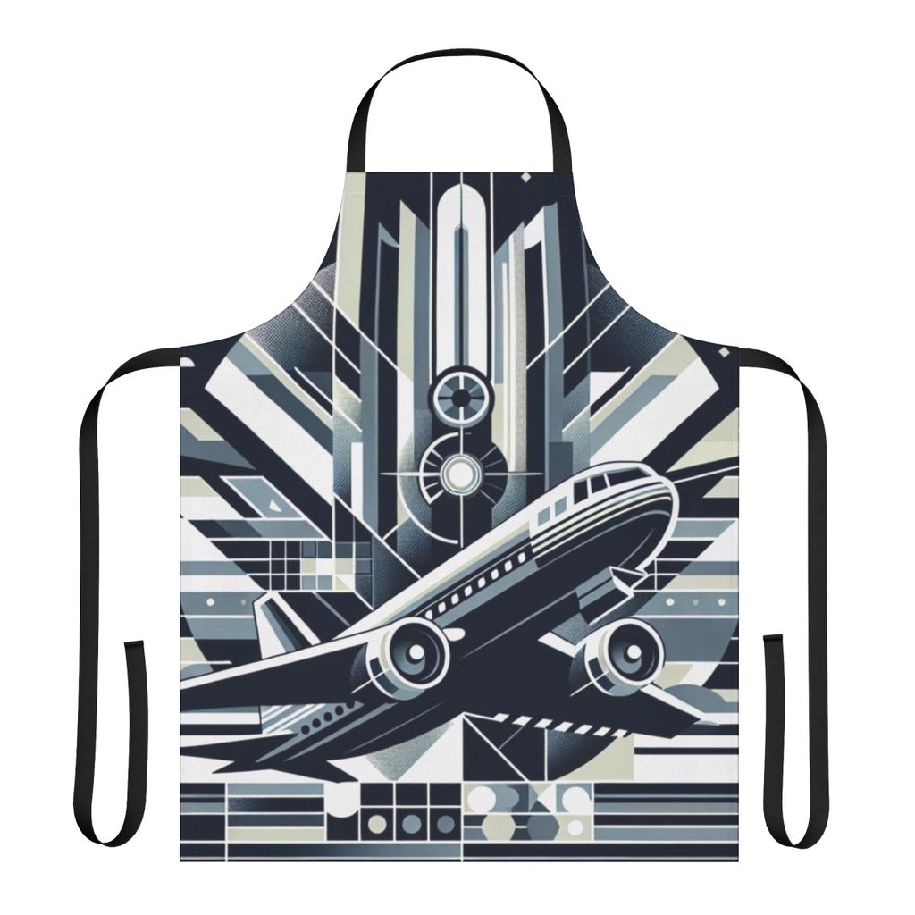 A stylish apron featuring an abstract aviation-themed design with silhouettes of aircraft, clouds, and a blue sky.