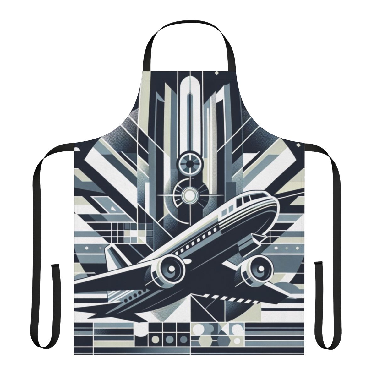 A stylish apron featuring an abstract aviation-themed design with silhouettes of aircraft, clouds, and a blue sky.