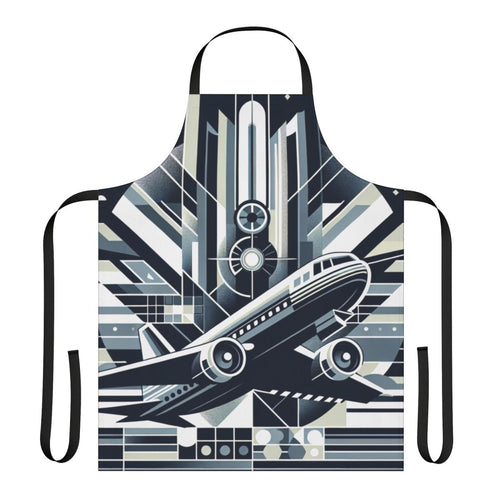 A stylish apron featuring an abstract aviation-themed design with silhouettes of aircraft, clouds, and a blue sky.