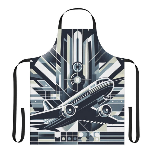 A stylish apron featuring an abstract aviation-themed design with silhouettes of aircraft, clouds, and a blue sky.