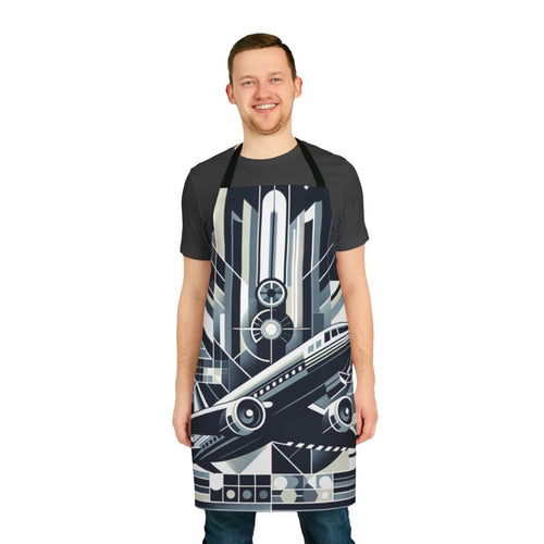 A stylish apron featuring an abstract aviation-themed design with silhouettes of aircraft, clouds, and a blue sky.