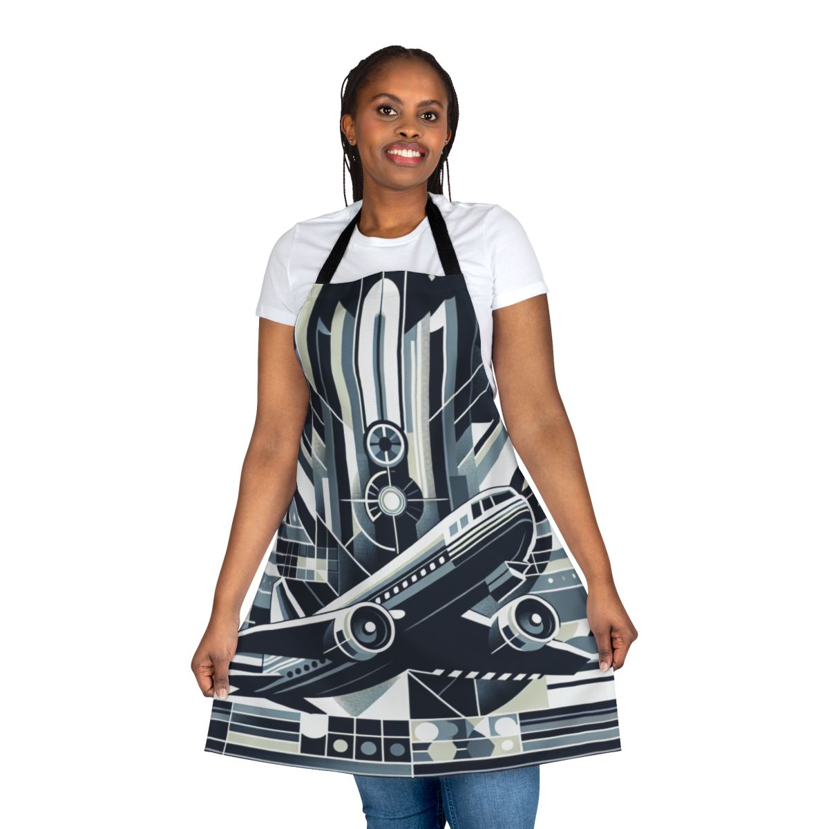 A stylish apron featuring an abstract aviation-themed design with silhouettes of aircraft, clouds, and a blue sky.
