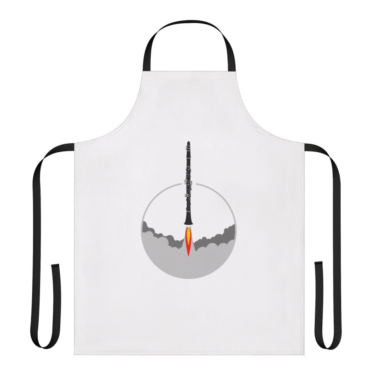 A vibrant apron featuring a clarinet in a rocket design, perfect for musicians and music enthusiasts.