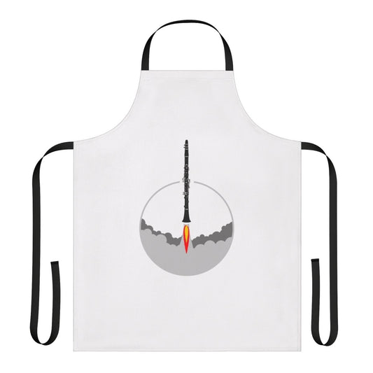 A vibrant apron featuring a clarinet in a rocket design, perfect for musicians and music enthusiasts.