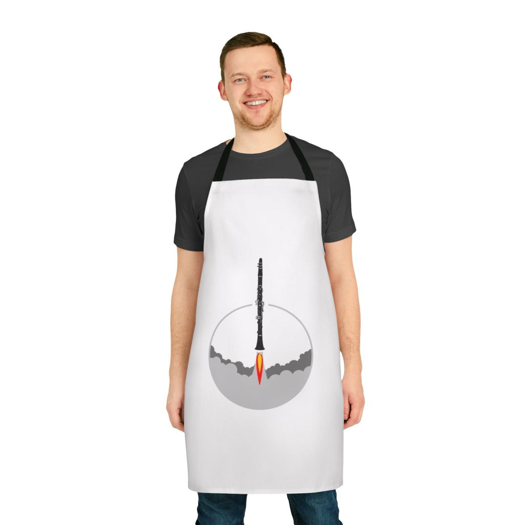 A vibrant apron featuring a clarinet in a rocket design, perfect for musicians and music enthusiasts.