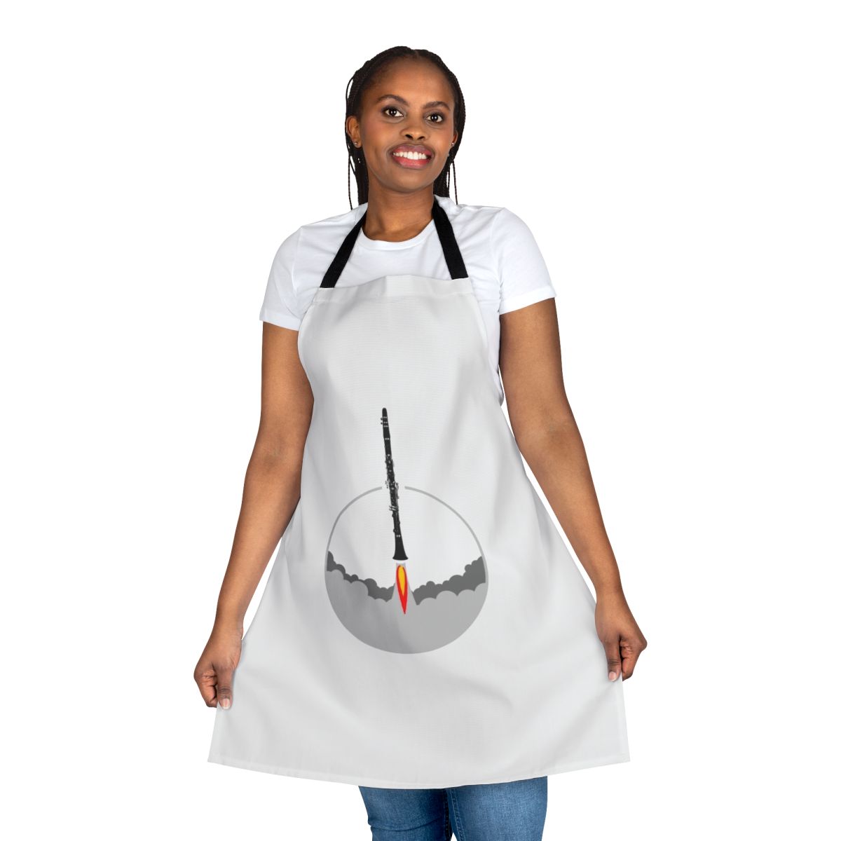 A vibrant apron featuring a clarinet in a rocket design, perfect for musicians and music enthusiasts.