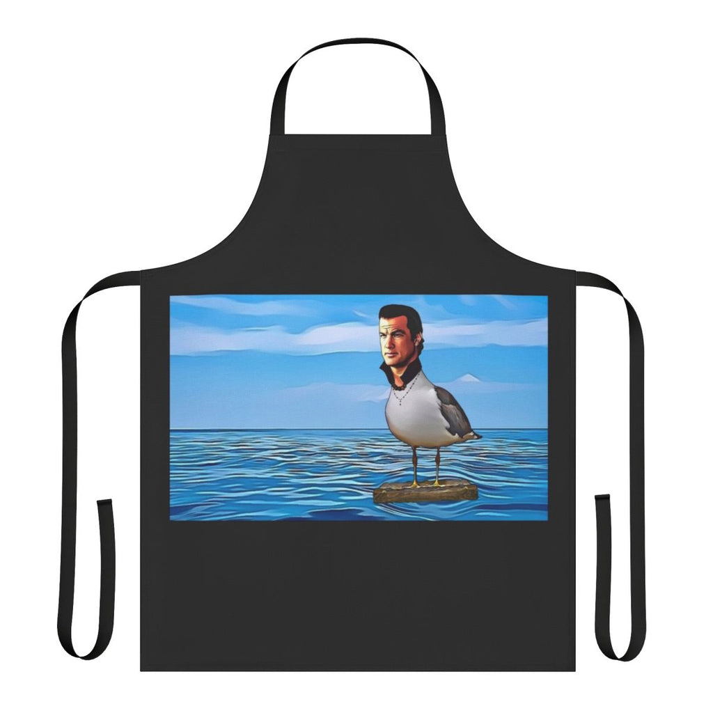 Man wearing apron with seagull graphic