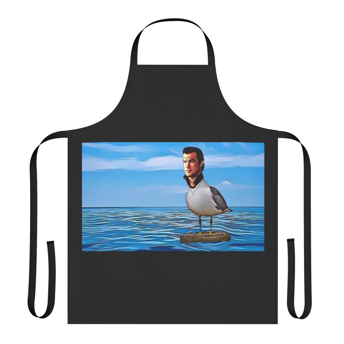 Man wearing apron with seagull graphic