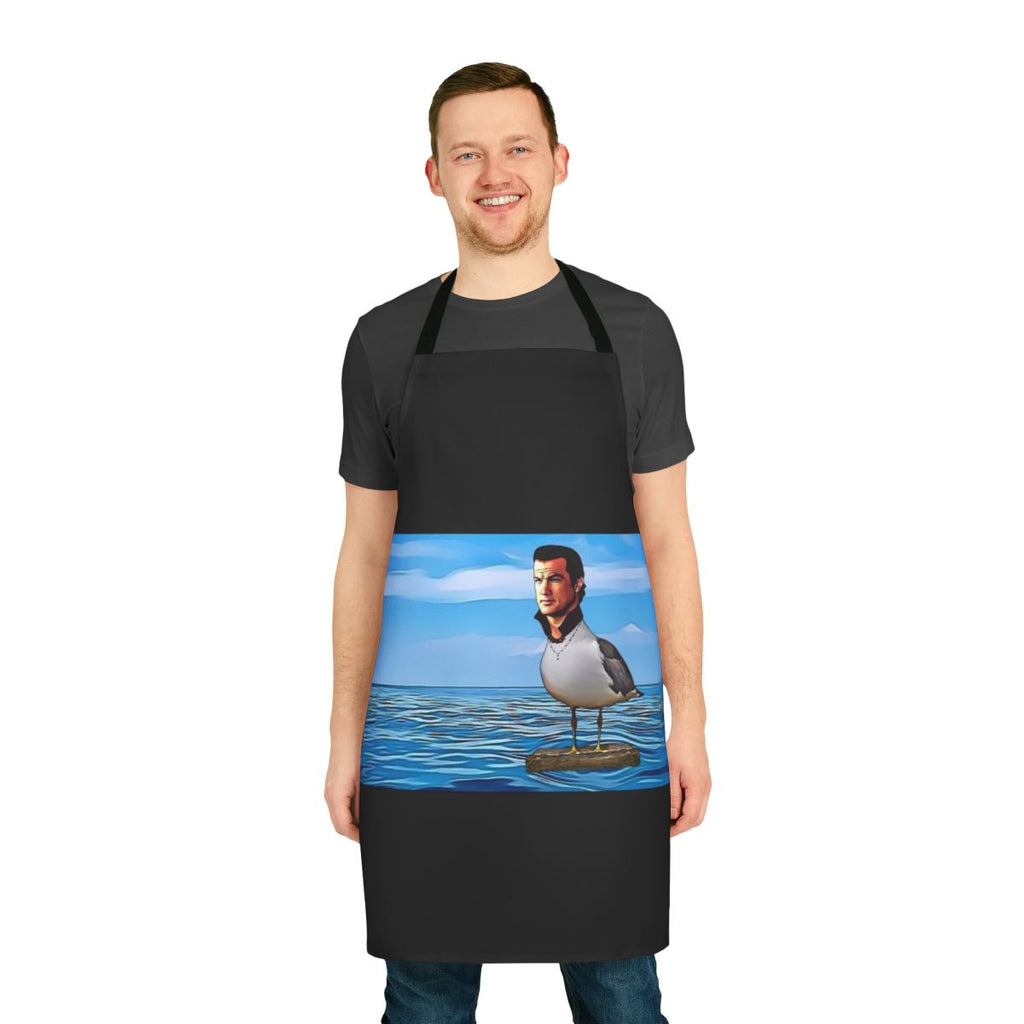 Man wearing apron with seagull graphic
