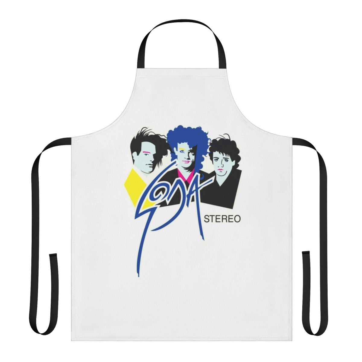 Soda Stereo inspired low poly apron with Gustavo Cerati, Charly Alberti, and Zeta Bossio graphics.