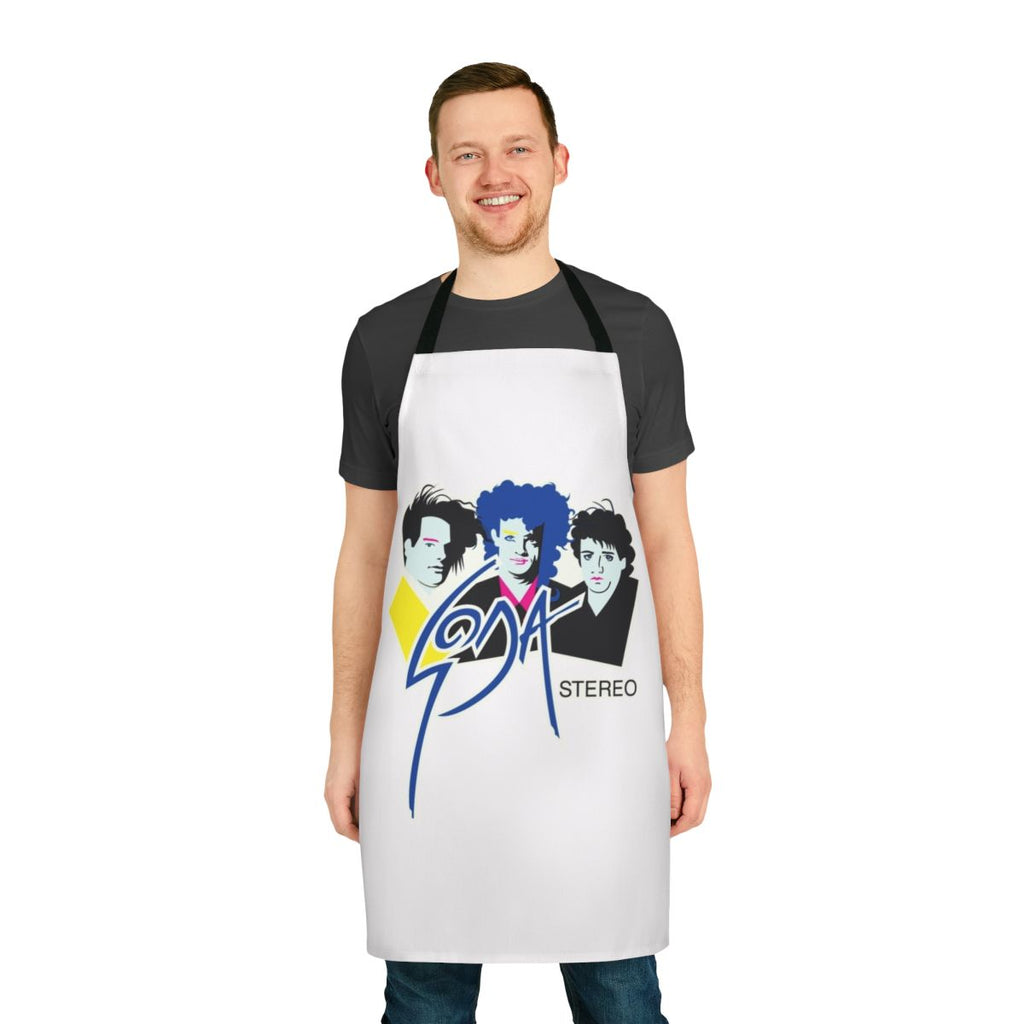 Soda Stereo inspired low poly apron with Gustavo Cerati, Charly Alberti, and Zeta Bossio graphics.