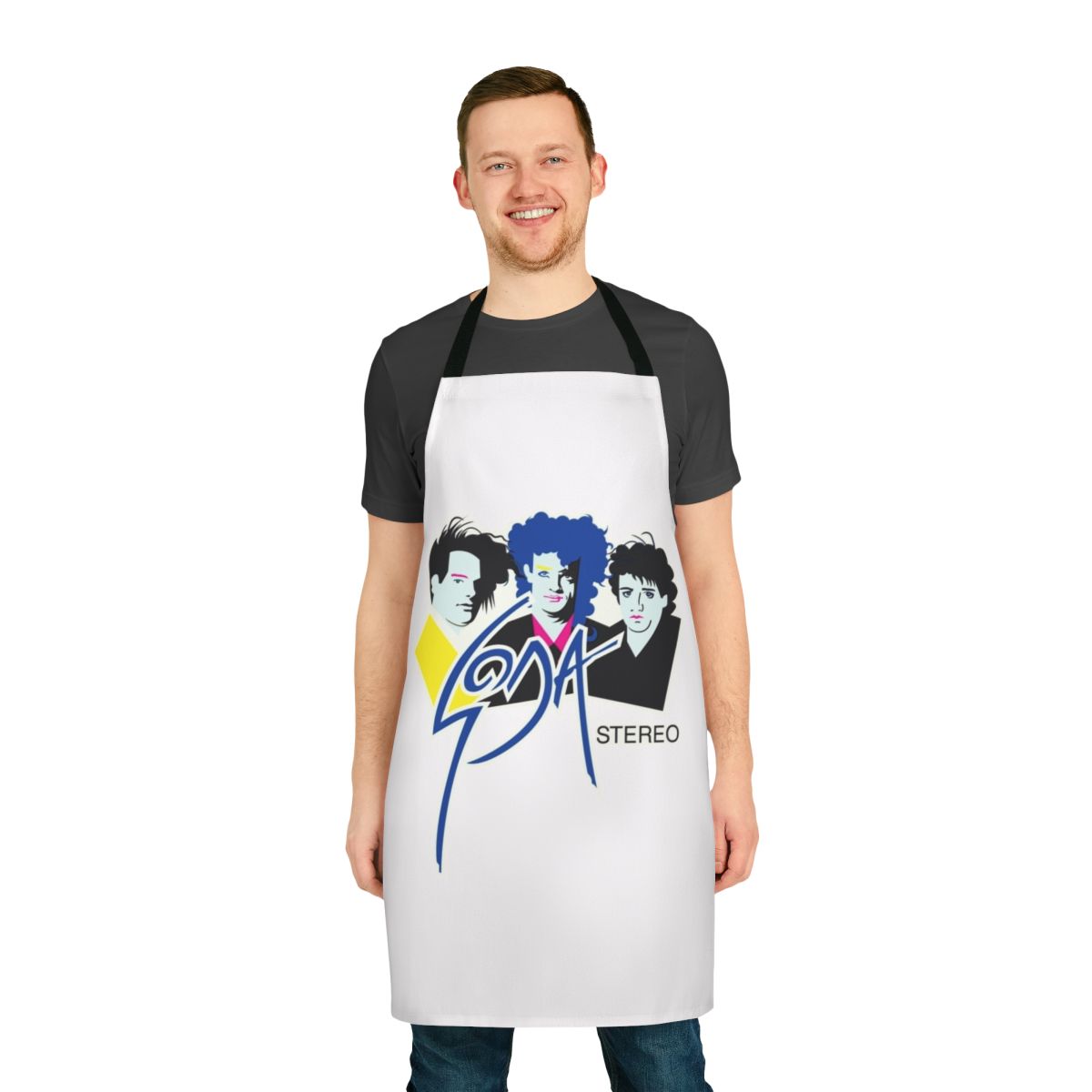 Soda Stereo inspired low poly apron with Gustavo Cerati, Charly Alberti, and Zeta Bossio graphics.