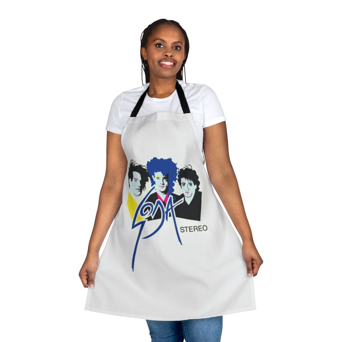 Soda Stereo inspired low poly apron with Gustavo Cerati, Charly Alberti, and Zeta Bossio graphics.