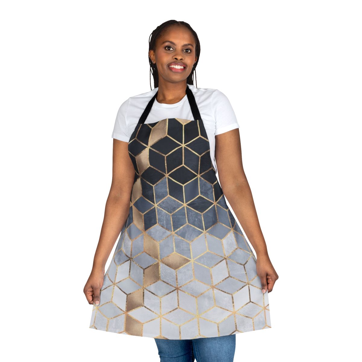 Soft blue gradient cubes pattern printed on a high-quality kitchen apron