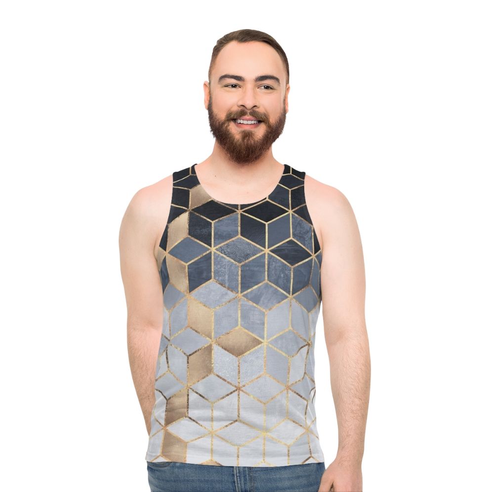 Soft blue gradient cubes unisex tank top with abstract geometric design