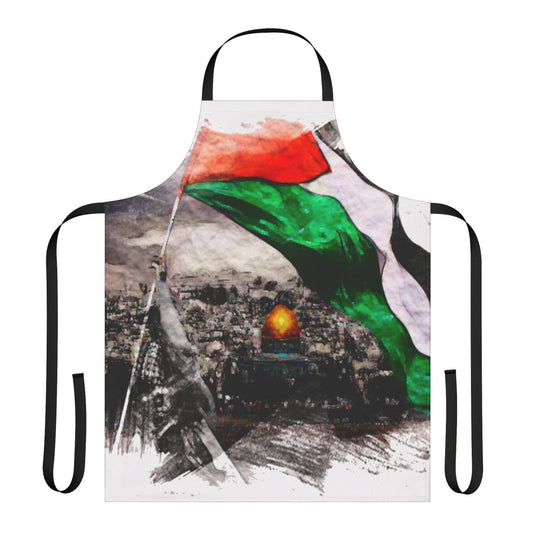 Apron with "Free Palestine" text and illustrations promoting Palestinian solidarity and human rights.