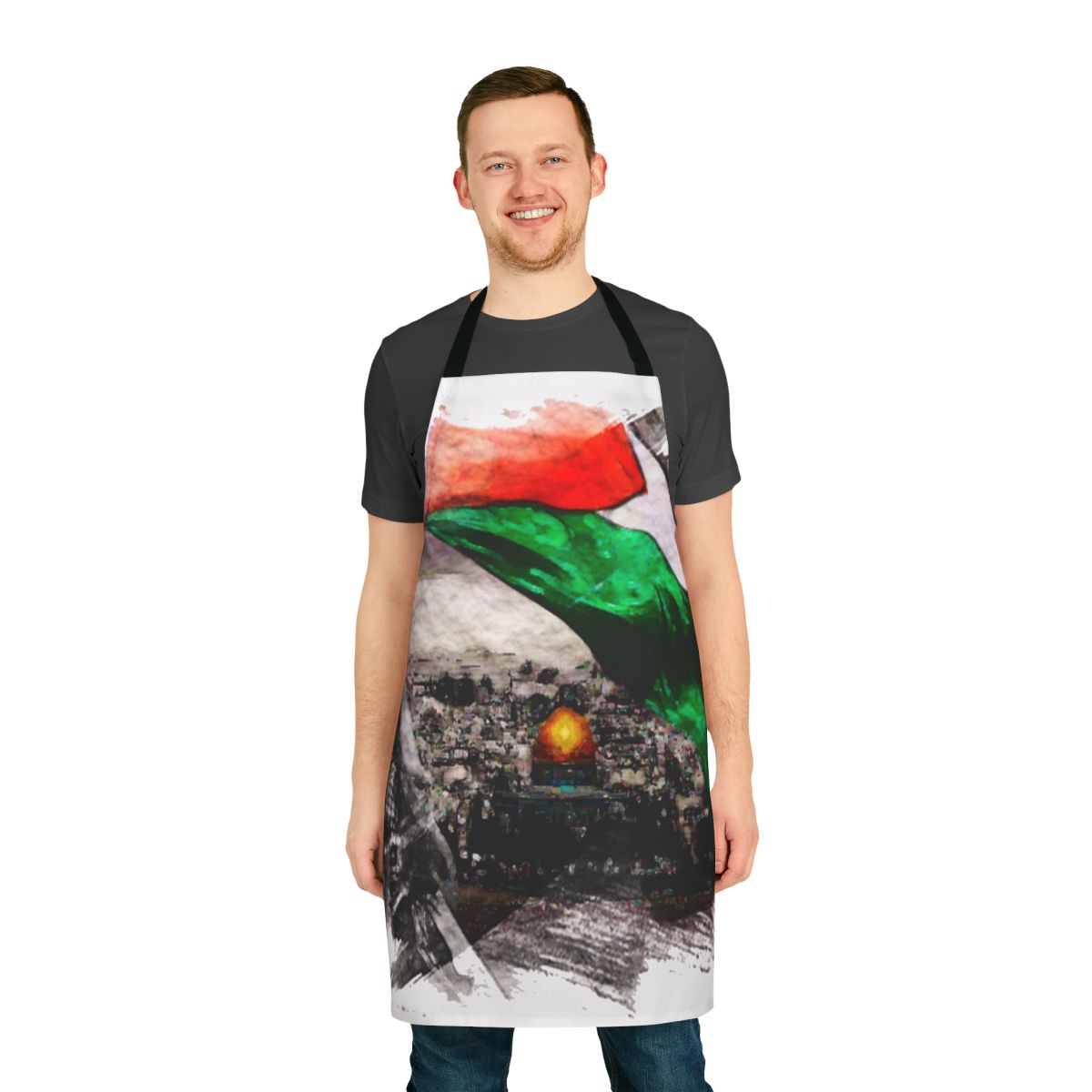 Apron with "Free Palestine" text and illustrations promoting Palestinian solidarity and human rights.