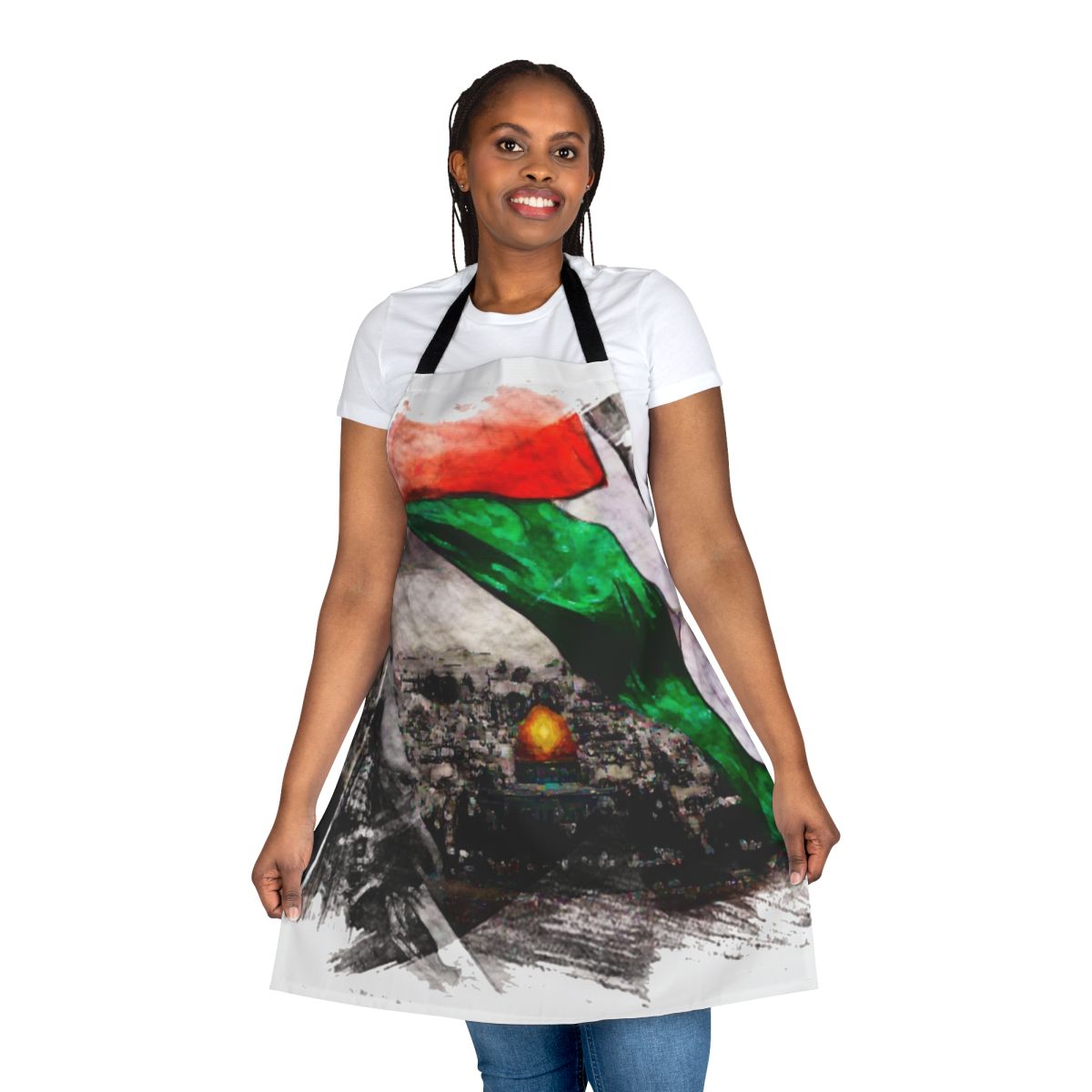 Apron with "Free Palestine" text and illustrations promoting Palestinian solidarity and human rights.