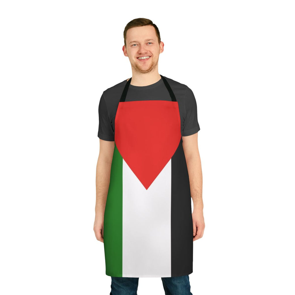 Apron featuring the colors and design of the Palestinian flag to show support for the Palestinian people.
