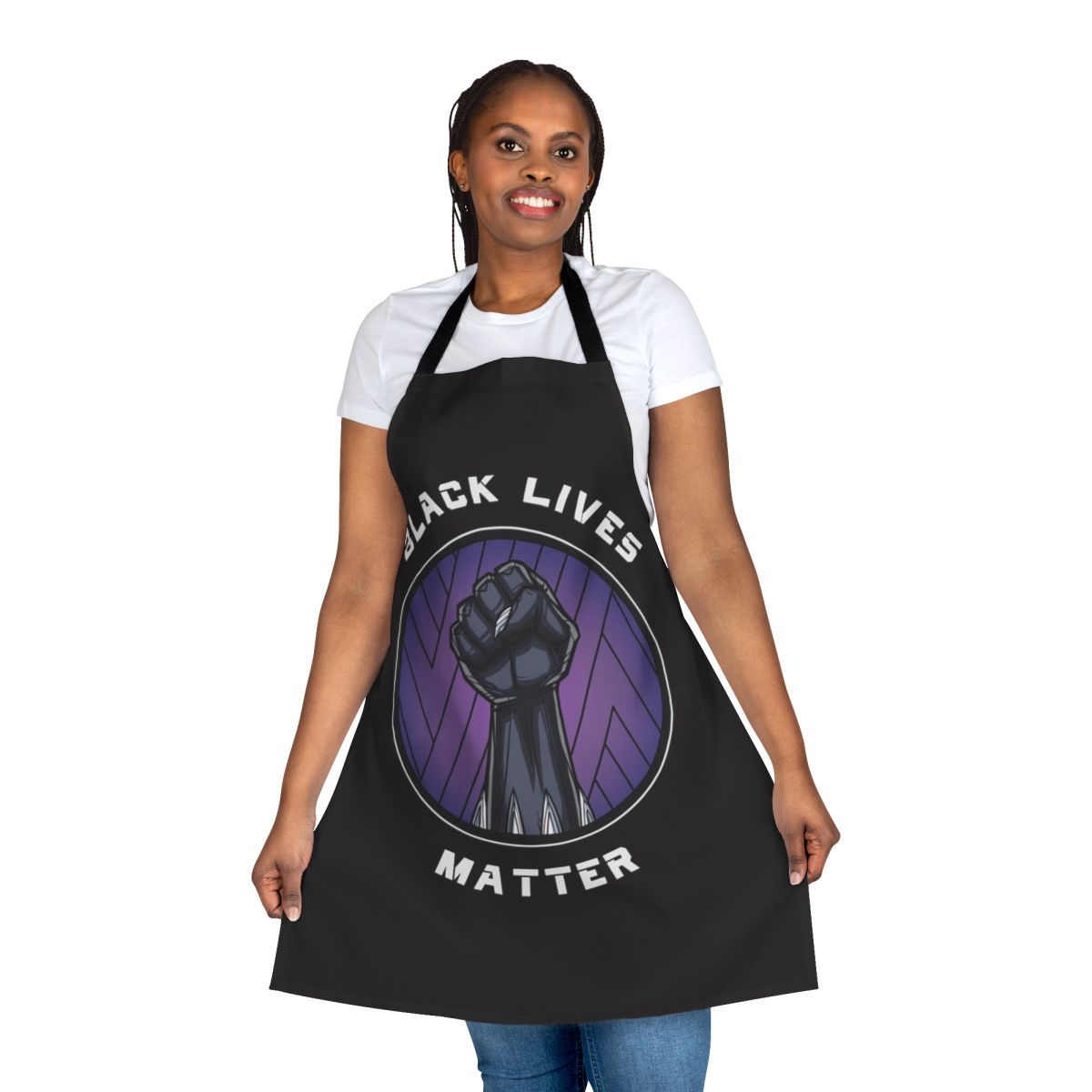 Black panther silhouette design on a black apron, representing the Black Lives Matter movement