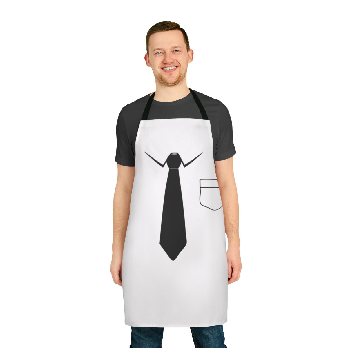 A stylish and humorous necktie apron, perfect for formal occasions or a unique Valentine's Day gift.