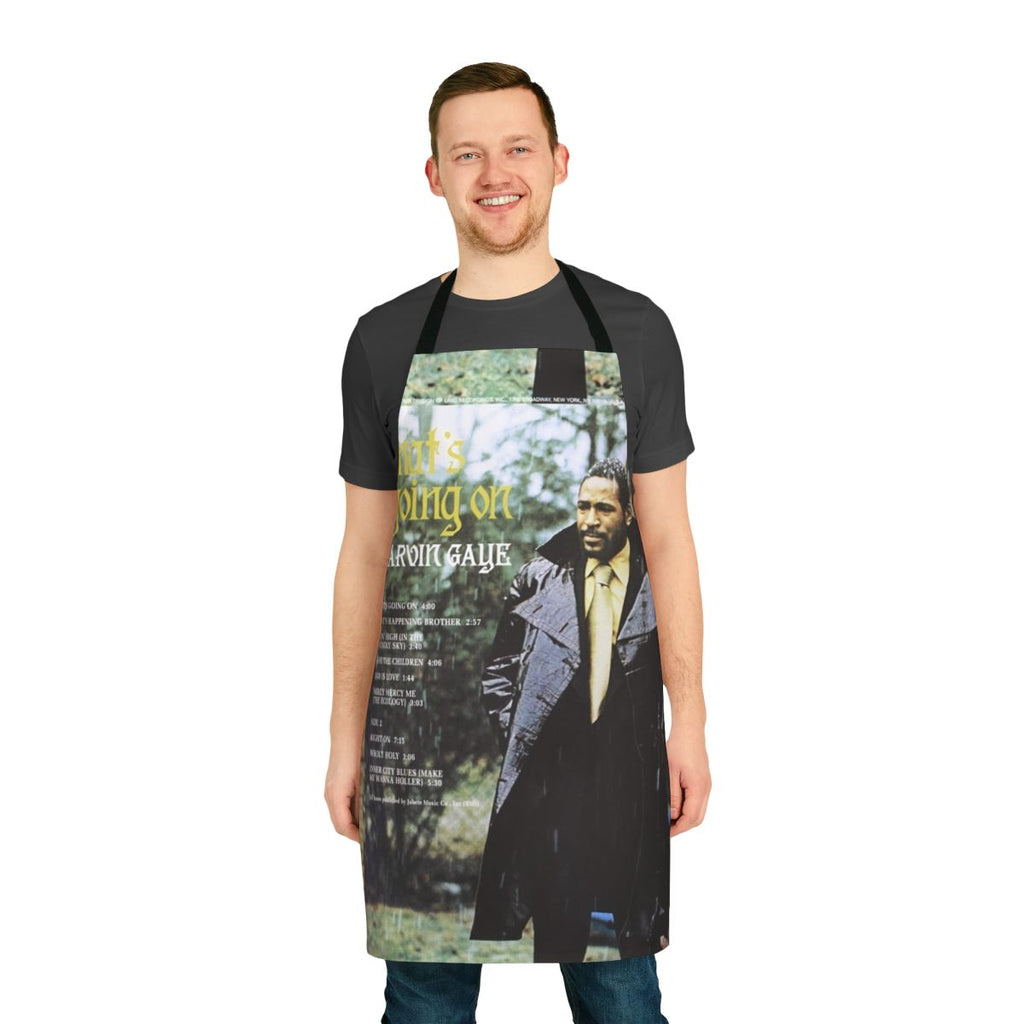 Soul music legends apron featuring images of Marvin Gaye, Sam Cooke, and Otis Redding