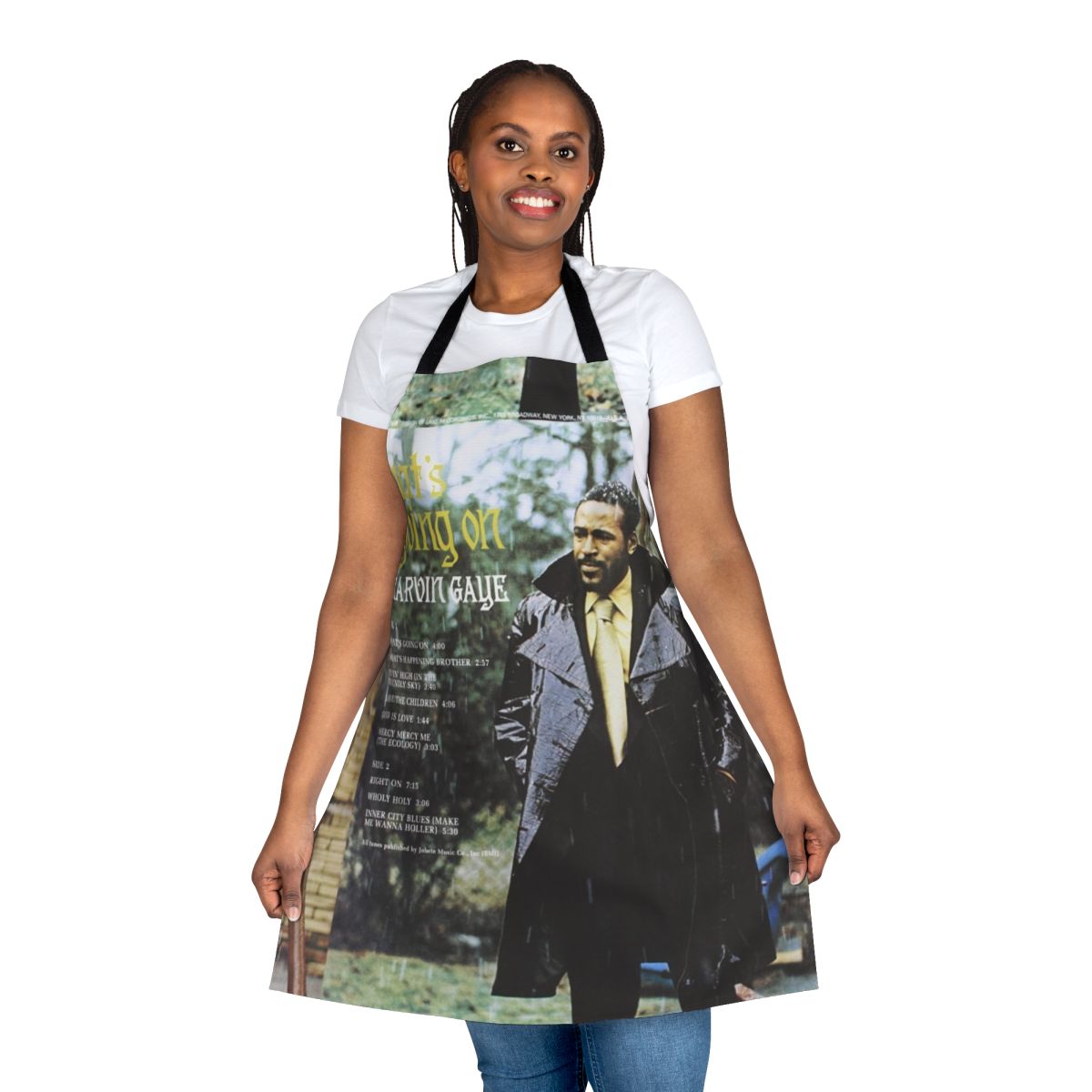 Soul music legends apron featuring images of Marvin Gaye, Sam Cooke, and Otis Redding