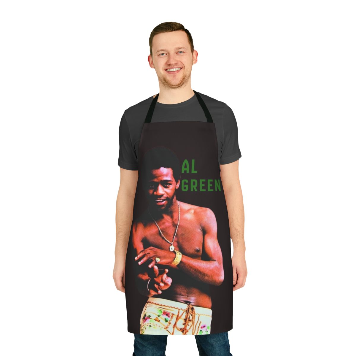 A customizable apron featuring a musical design, perfect for soul, R&B, funk, and blues music fans.