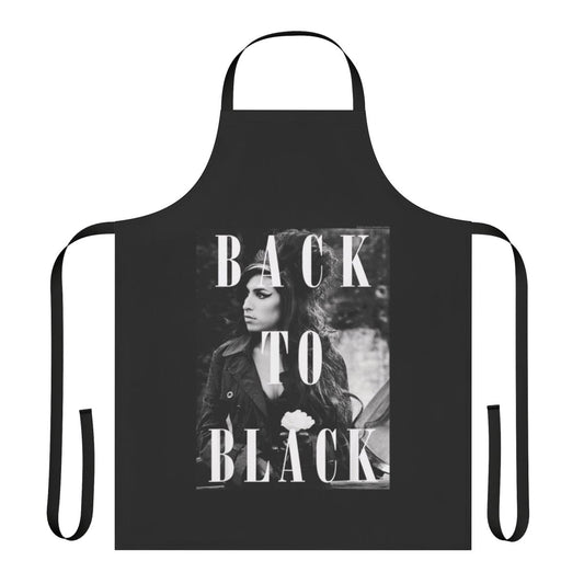 Black apron with a vintage-inspired Amy Winehouse graphic design