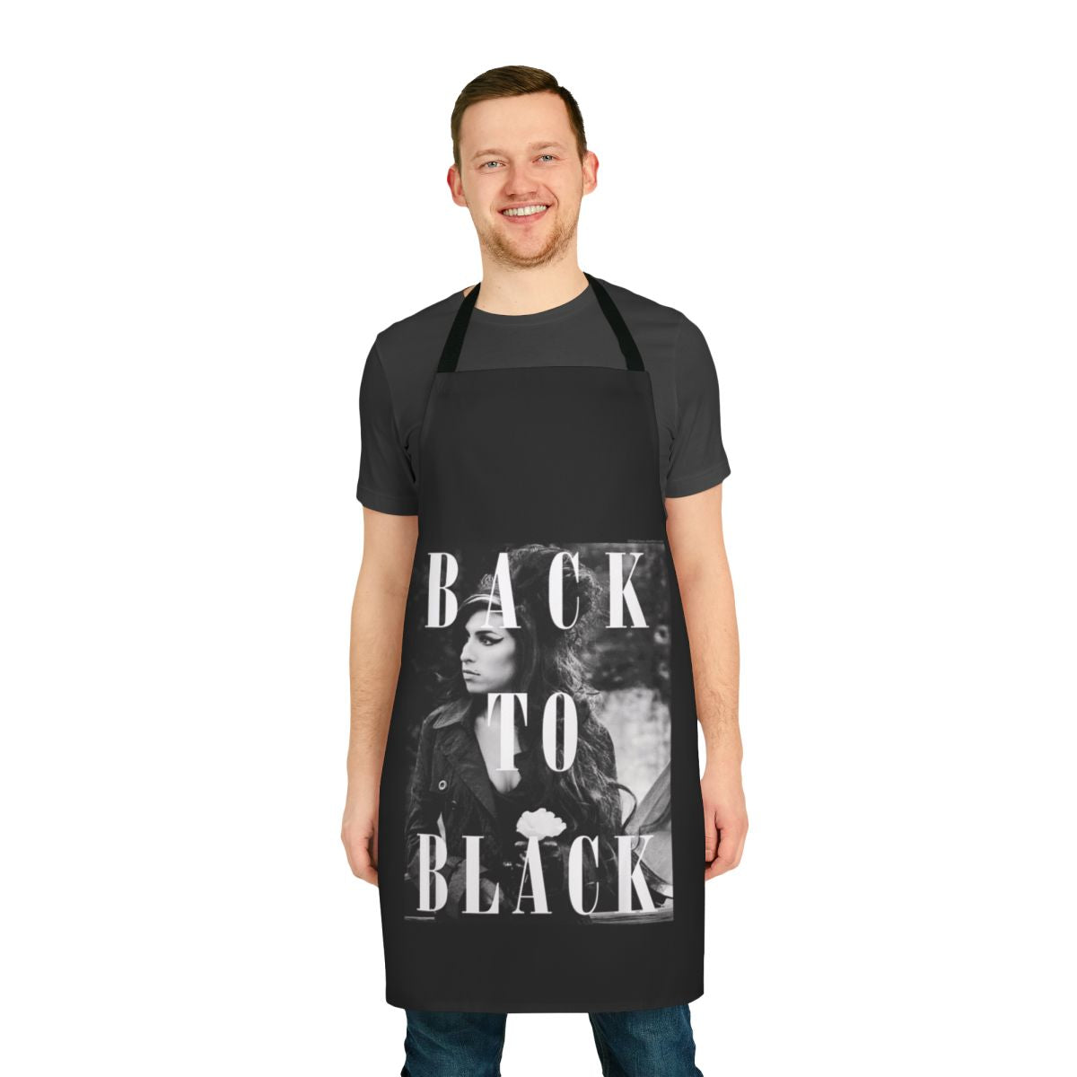 Black apron with a vintage-inspired Amy Winehouse graphic design