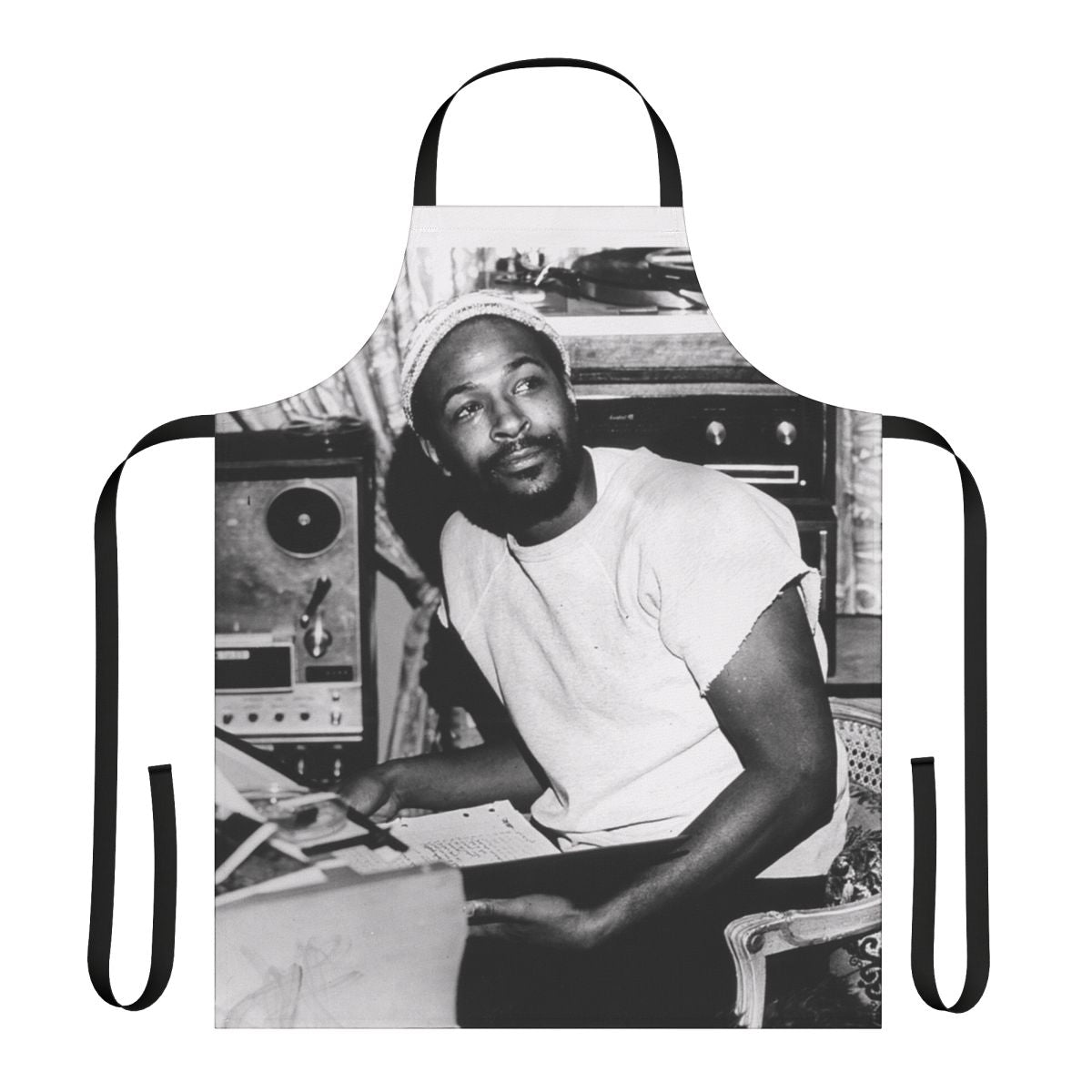 Marvin Gaye-inspired apron featuring the singer's name and music legacy