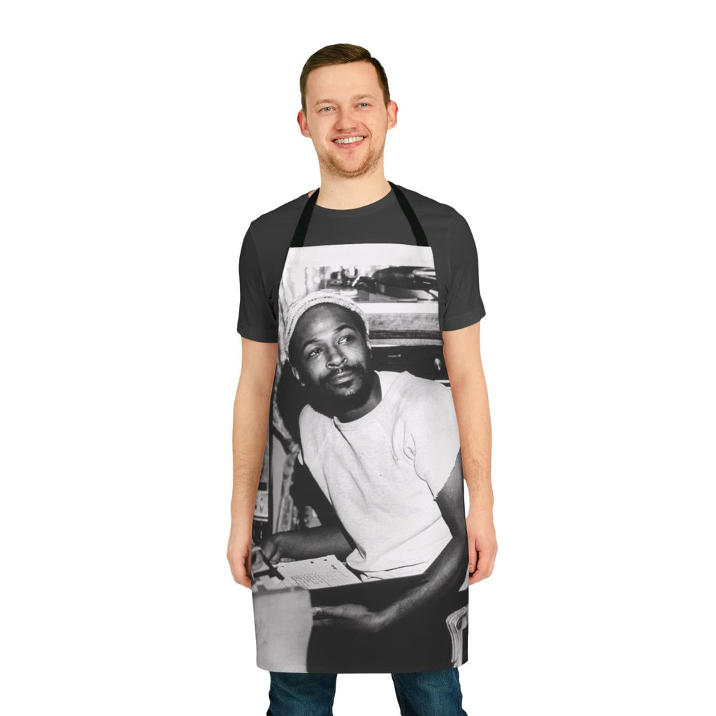 Marvin Gaye-inspired apron featuring the singer's name and music legacy