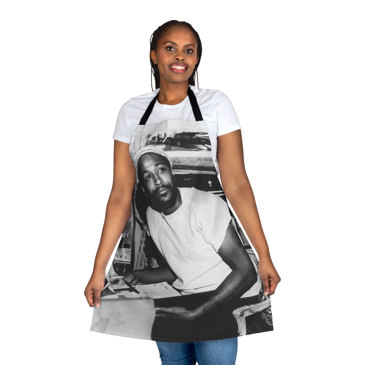 Marvin Gaye-inspired apron featuring the singer's name and music legacy