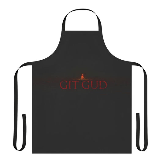 Souls-inspired Git Gud cooking apron featuring a bonfire design for gaming and geeky fans