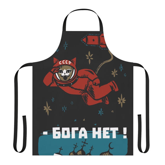 Soviet-inspired apron featuring a space cat in a rocket, with Gagarin-style text