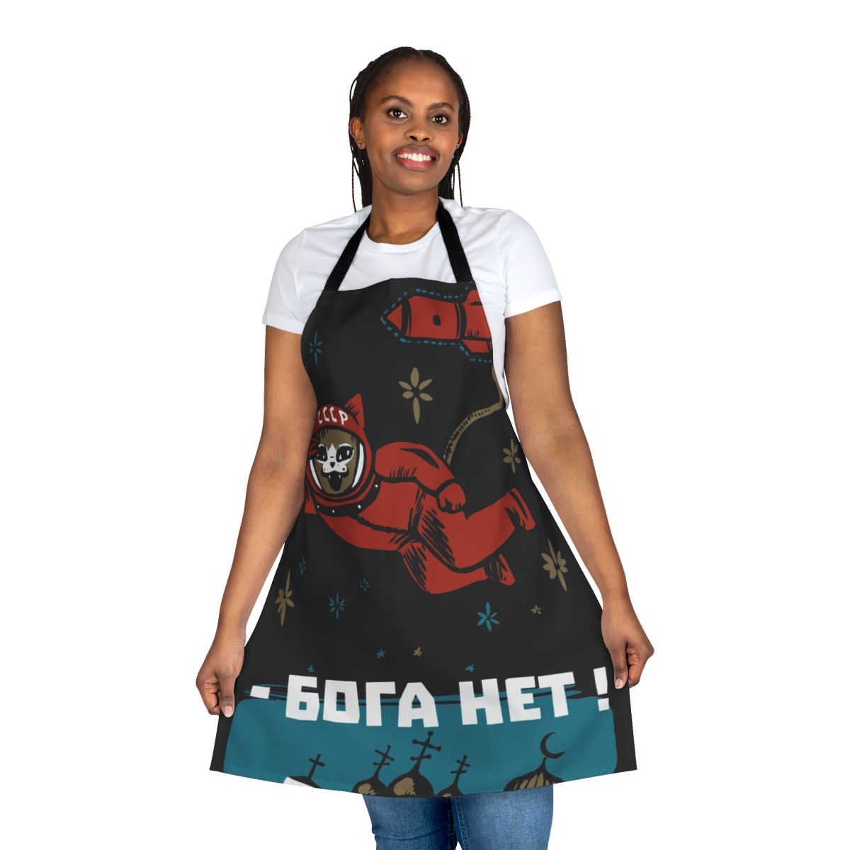 Soviet-inspired apron featuring a space cat in a rocket, with Gagarin-style text