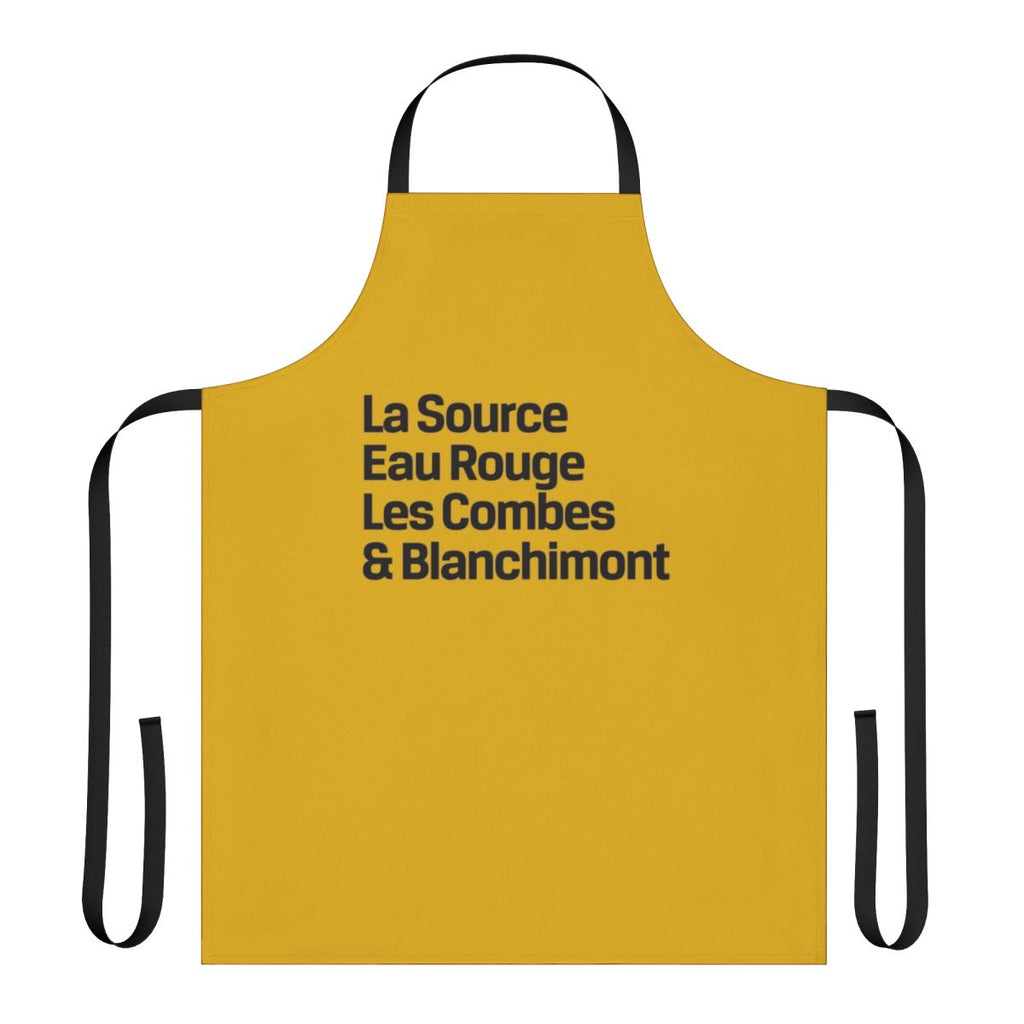 Black apron with Spa Francorchamps circuit corner names for motorsports enthusiasts