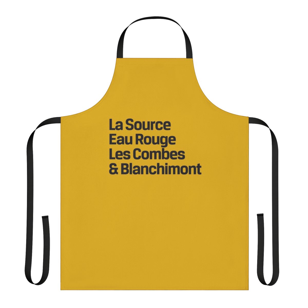 Black apron with Spa Francorchamps circuit corner names for motorsports enthusiasts