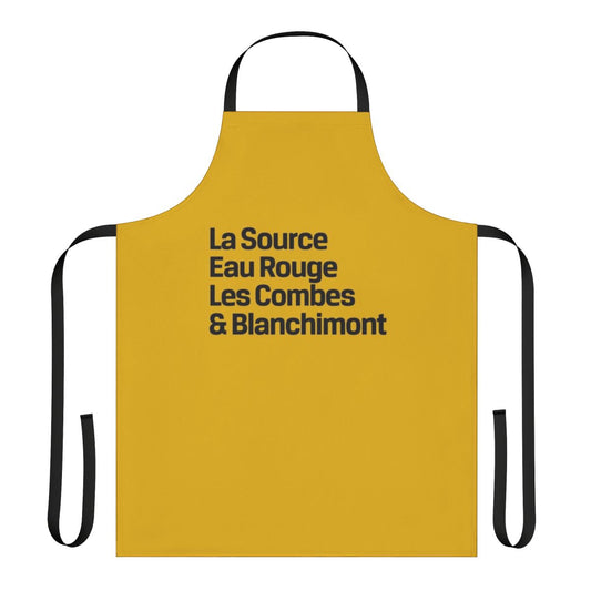 Black apron with Spa Francorchamps circuit corner names for motorsports enthusiasts